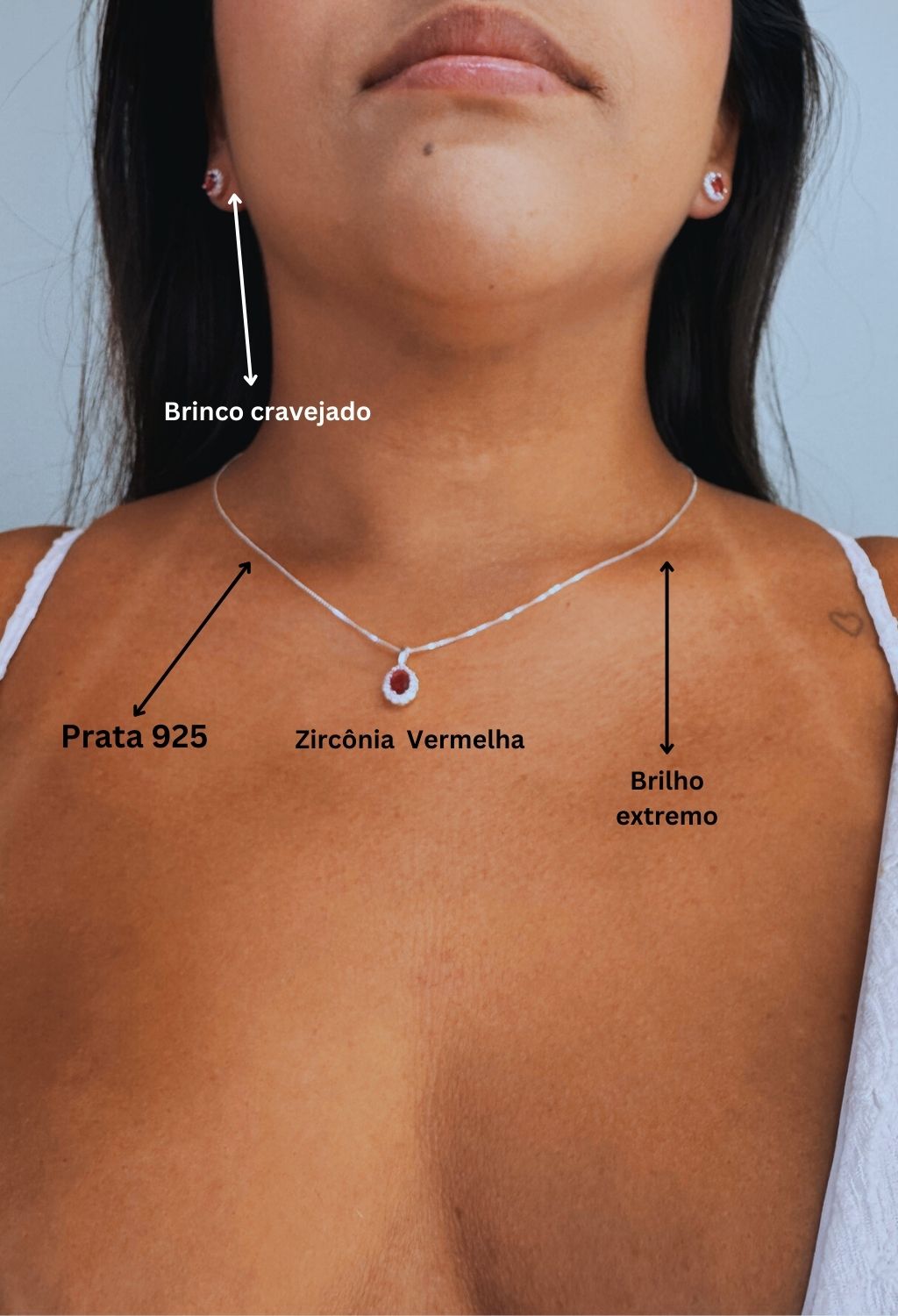 Conjunto Colar Chocker e Brinco Cravejado- 45 Cm Prata 925