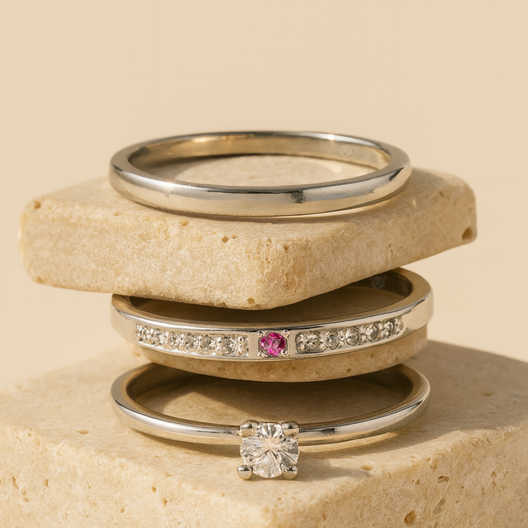 Conjunto de Alianças Pink Bloom - Prata 950