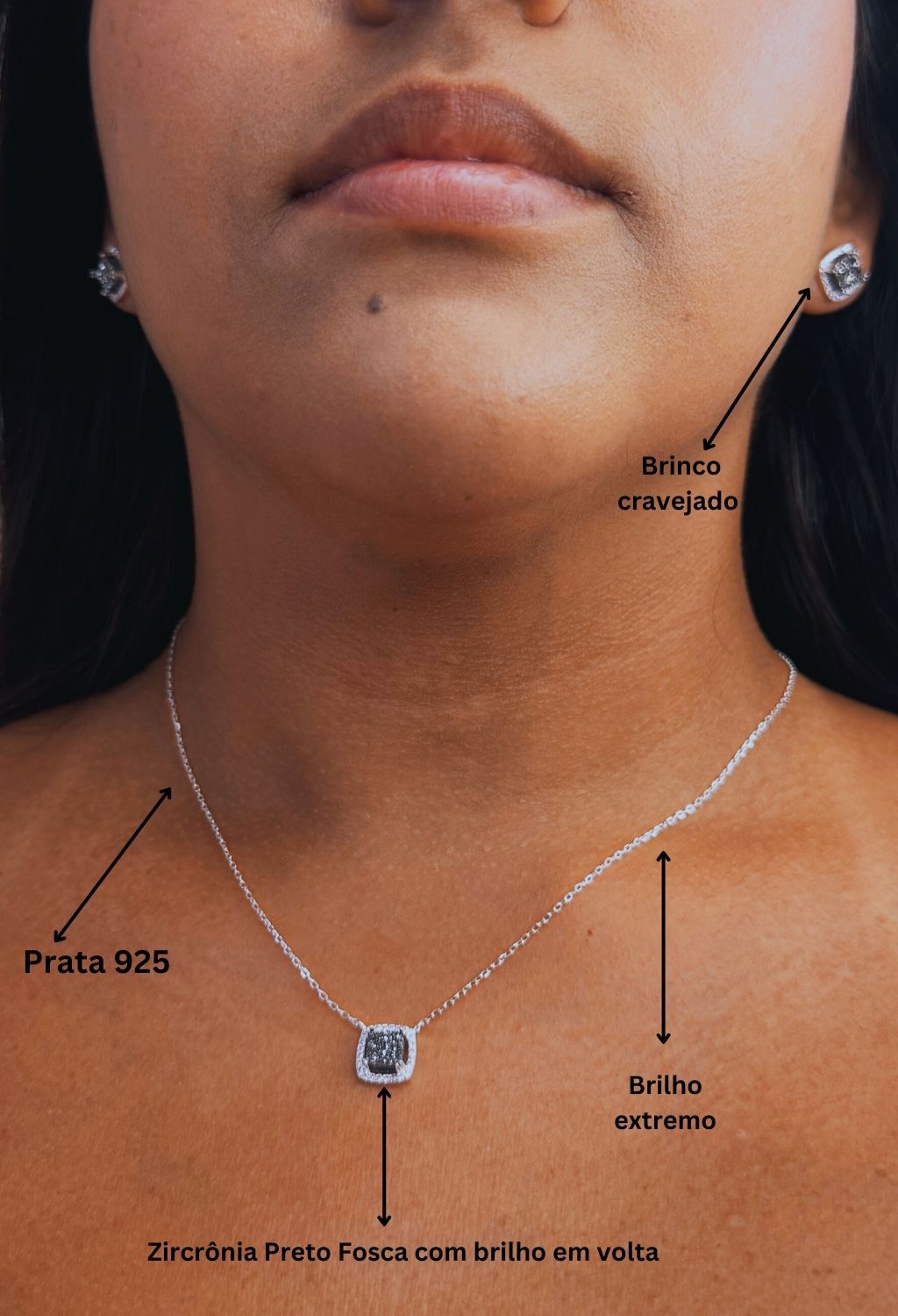Conjunto Colar e Brinco Realeza Preto Fosco Prata 925