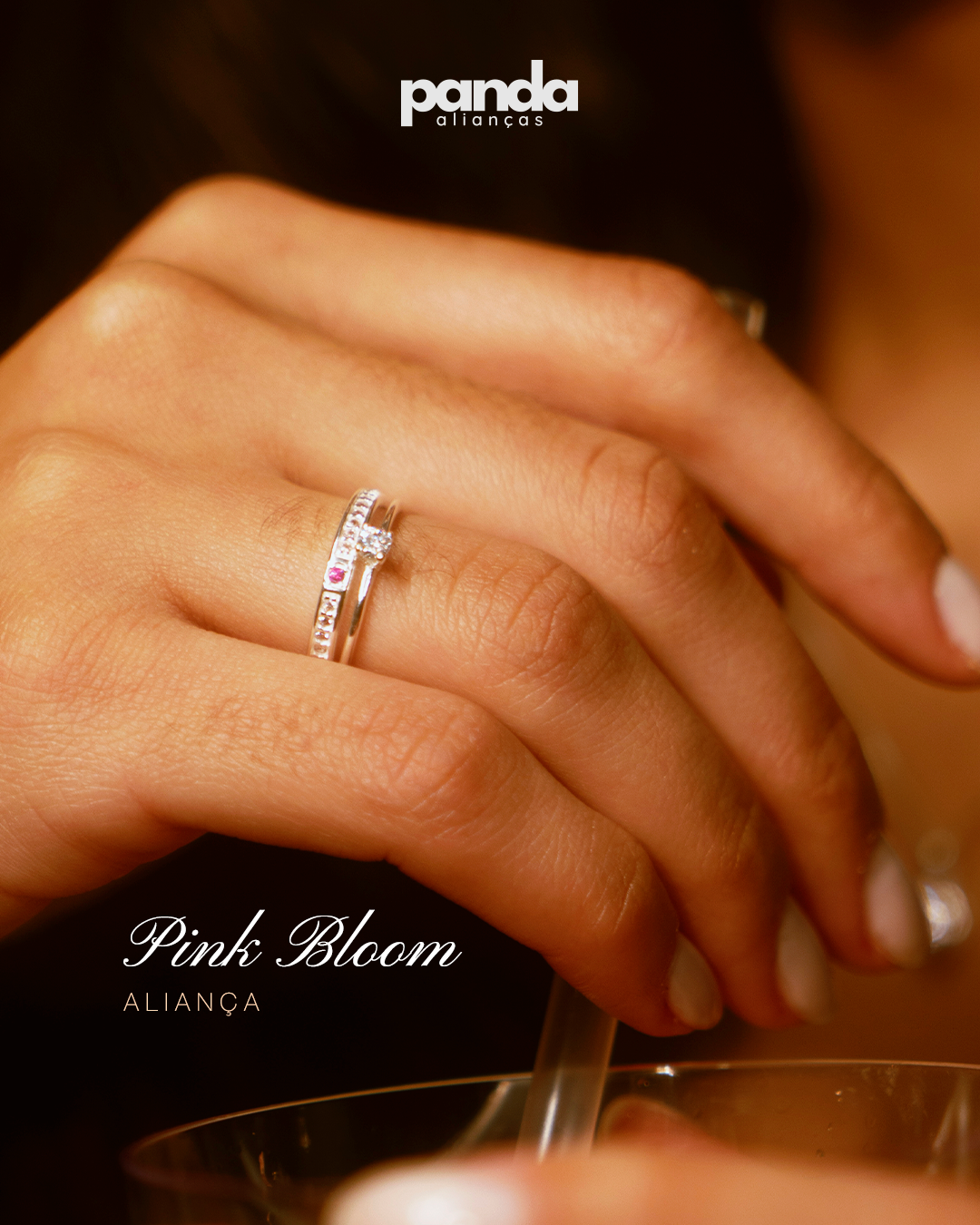 Conjunto de Alianças Pink Bloom - Prata 950