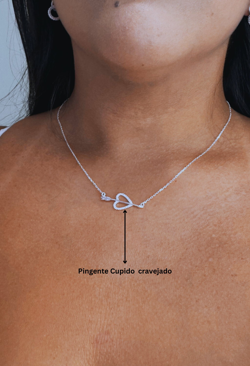 Colar Cupido coração Flecha com Zircônia Cristal-Prata 925